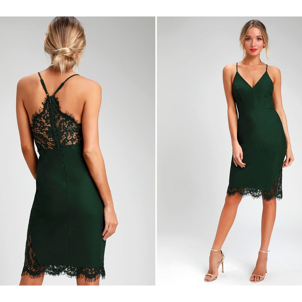 Lulus Green Lace Bodycon Midi Dress Small Cocktail Wedding Guest NWT